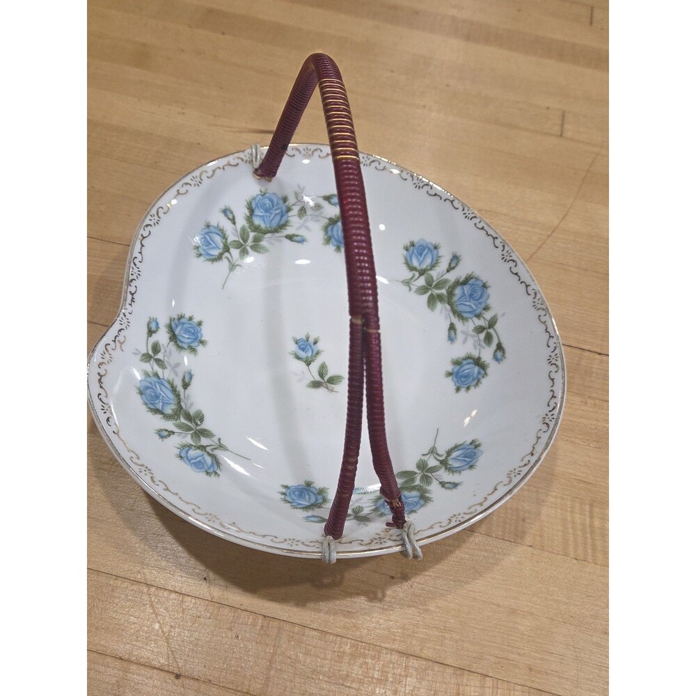 Vintage Porcelain Bon Bon Dish Wicker Handle Blue Roses Gilt Rim As Is